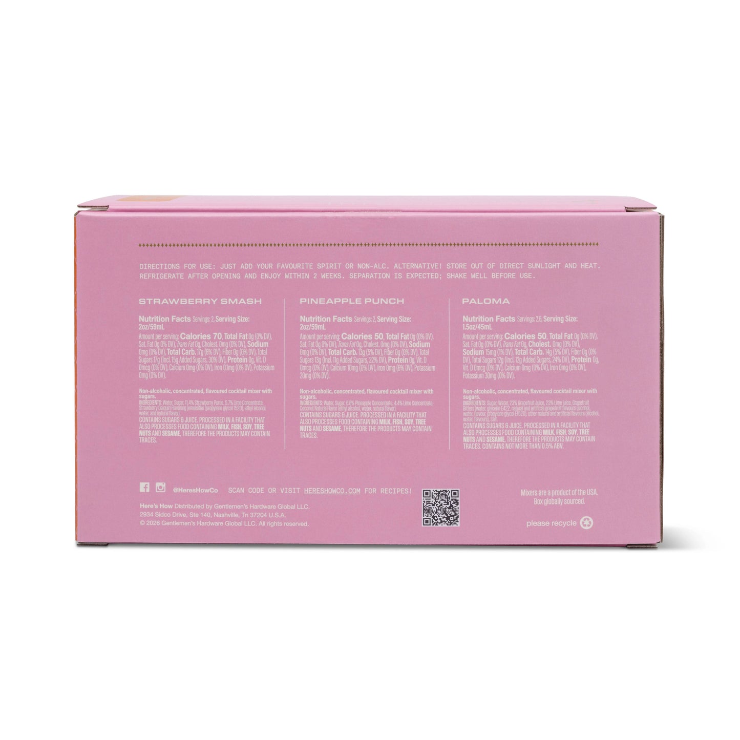 The back of a pink product box with three columns of white text, titled Strawberry Smash, Pineapple Punch, and Paloma, on a white background.