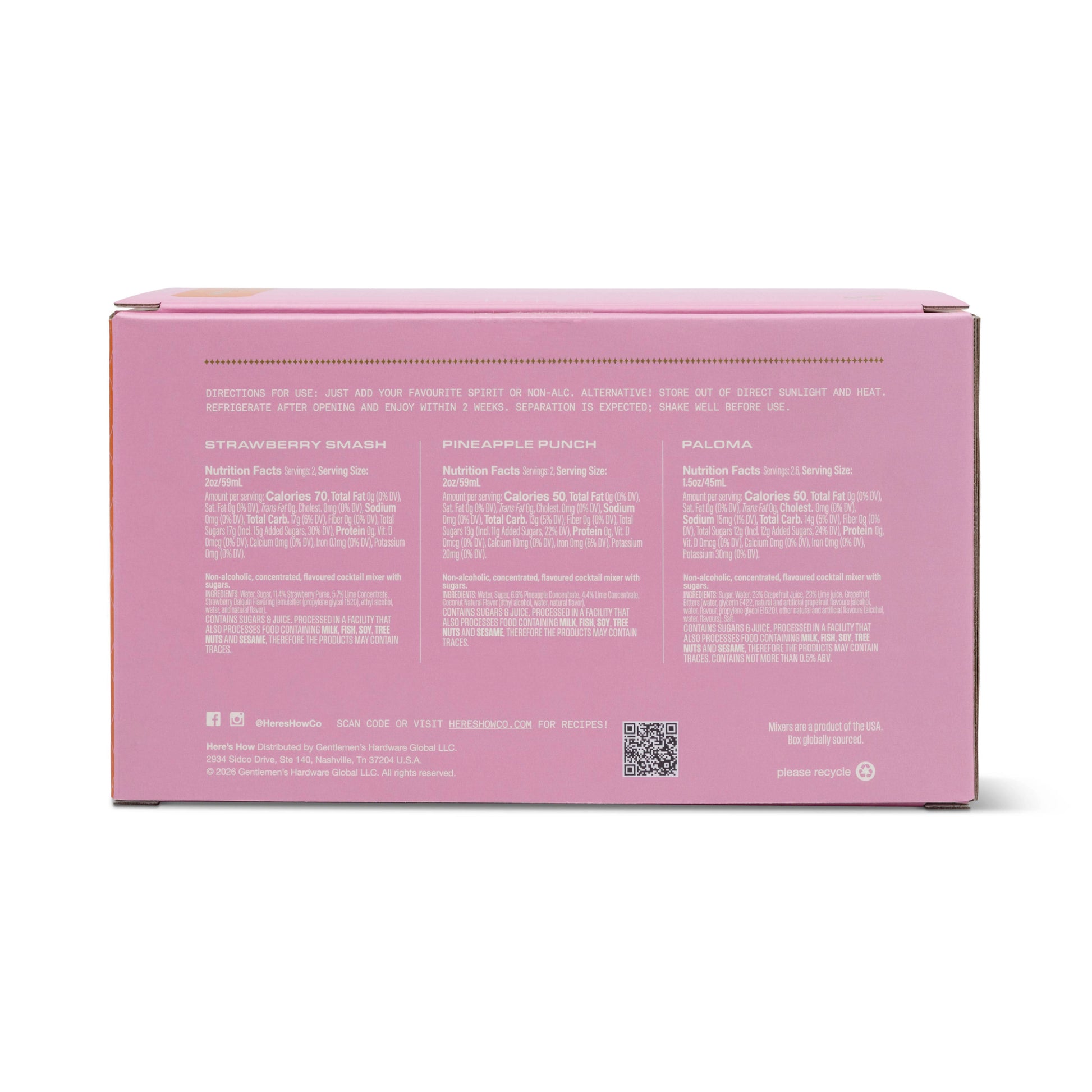 The back of a pink product box with three columns of white text, titled Strawberry Smash, Pineapple Punch, and Paloma, on a white background.