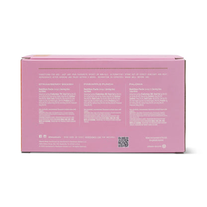 The back of a pink product box with three columns of white text, titled Strawberry Smash, Pineapple Punch, and Paloma, on a white background.