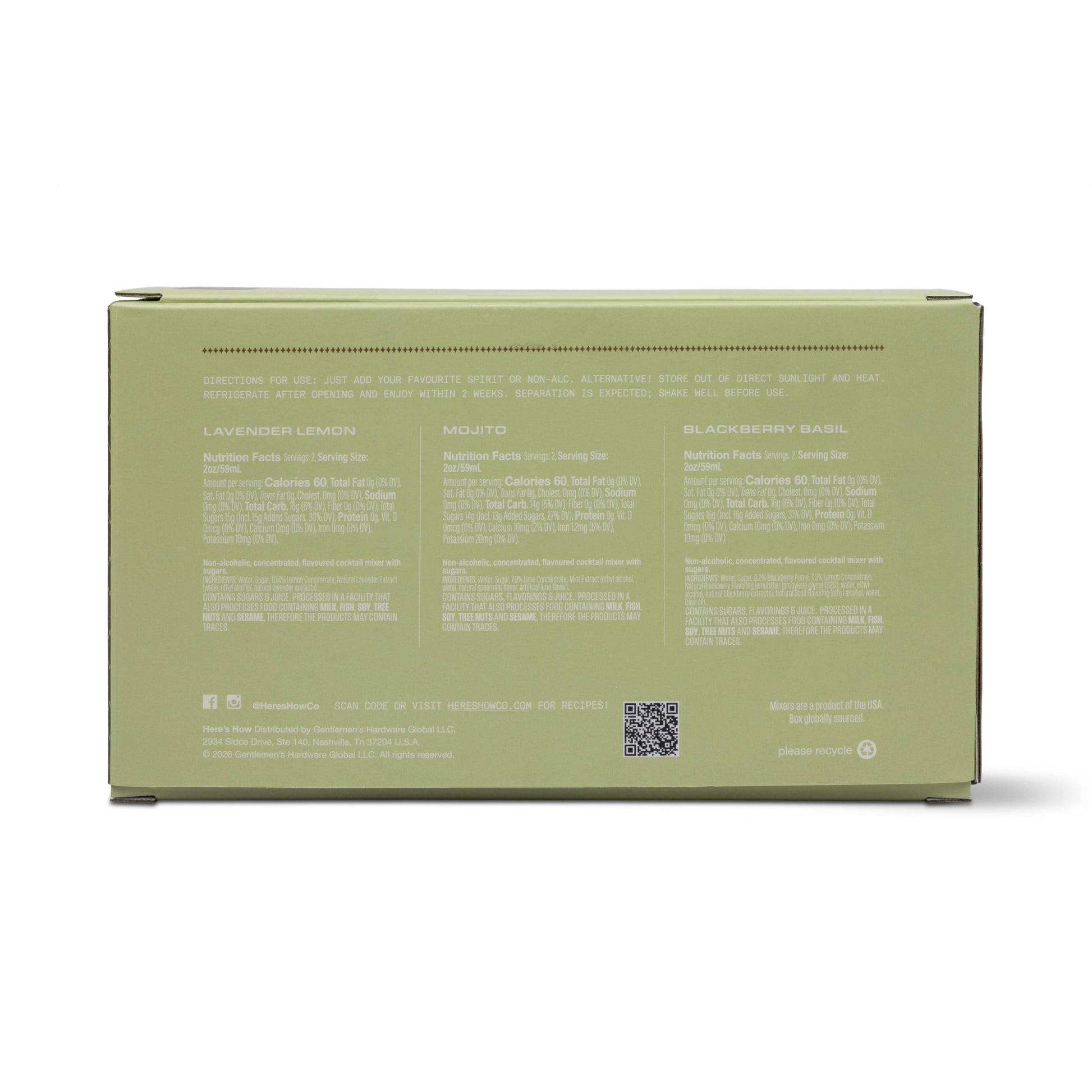 The back of a sage green box for 'Bloom' brand botanical tea blends, showing product descriptions for Lavender Lemon, Mouto, and Blackberry Basil with text and a QR code on a white background.