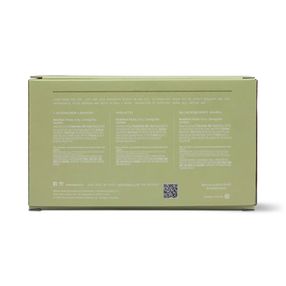 The back of a sage green box for 'Bloom' brand botanical tea blends, showing product descriptions for Lavender Lemon, Mouto, and Blackberry Basil with text and a QR code on a white background.