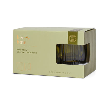 A light green box labeled here’s how features The Scout Lowball Glass—two stylish fluted lowball glasses from our collection, visible through a window on the right side.