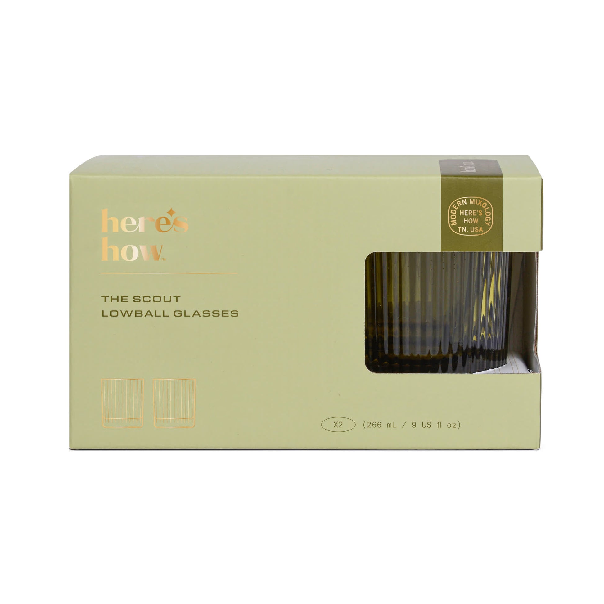 A green box labeled Heres How contains two The Scout Lowball Glasses, each 266 mL (9 fl oz), with a small window displaying the glassware inside.