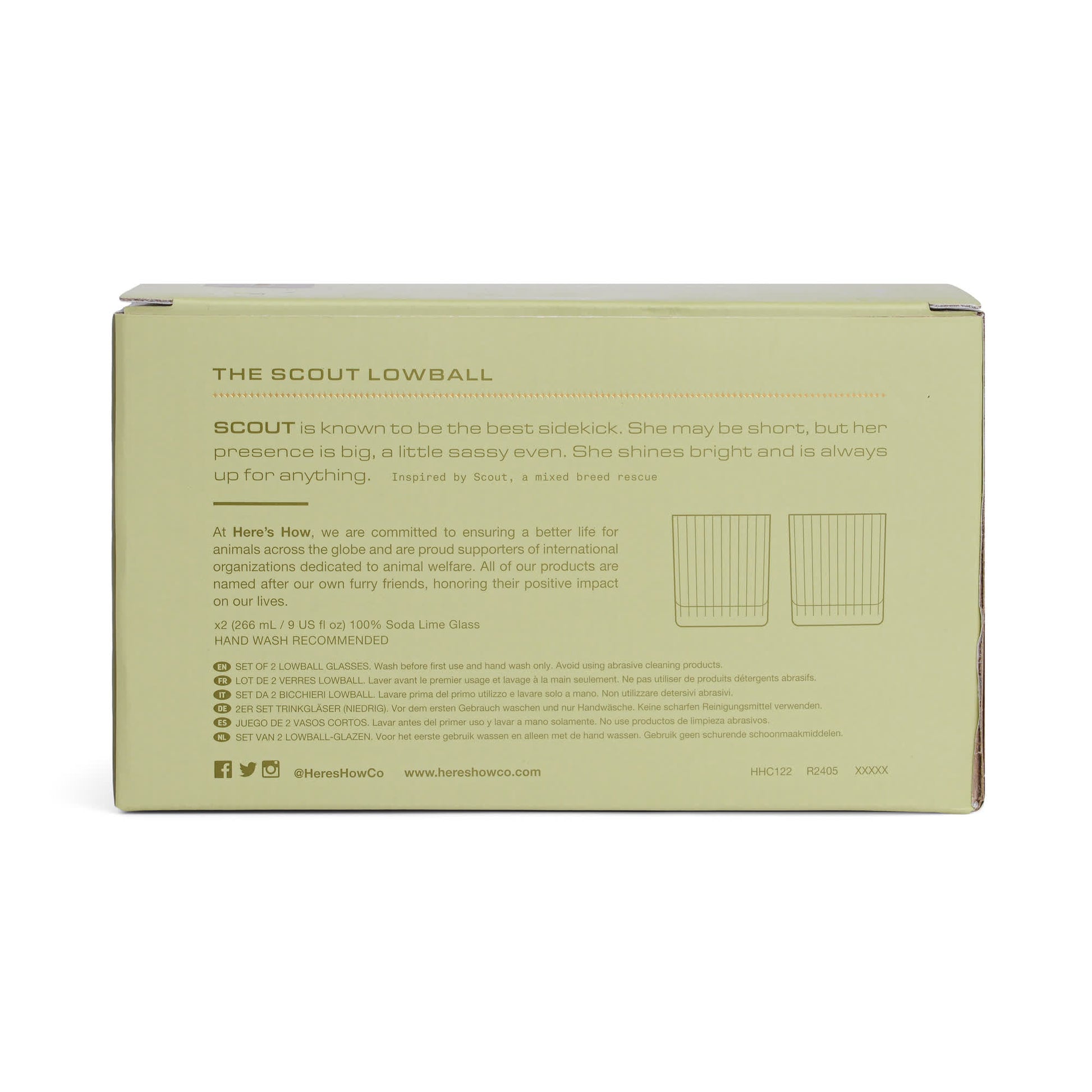 Back view of The Scout Lowball Glass box, featuring stylish glassware details—ideal for highball and lowball enthusiasts—plus care instructions, company info, and social media links.