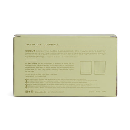 Back view of The Scout Lowball Glass box, featuring stylish glassware details—ideal for highball and lowball enthusiasts—plus care instructions, company info, and social media links.