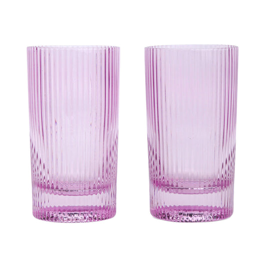 The Stella Highball Glass set includes two tall, ribbed fluted glasses in light purple, shown side by side on a white background—perfect for adding stylish glassware to your collection.