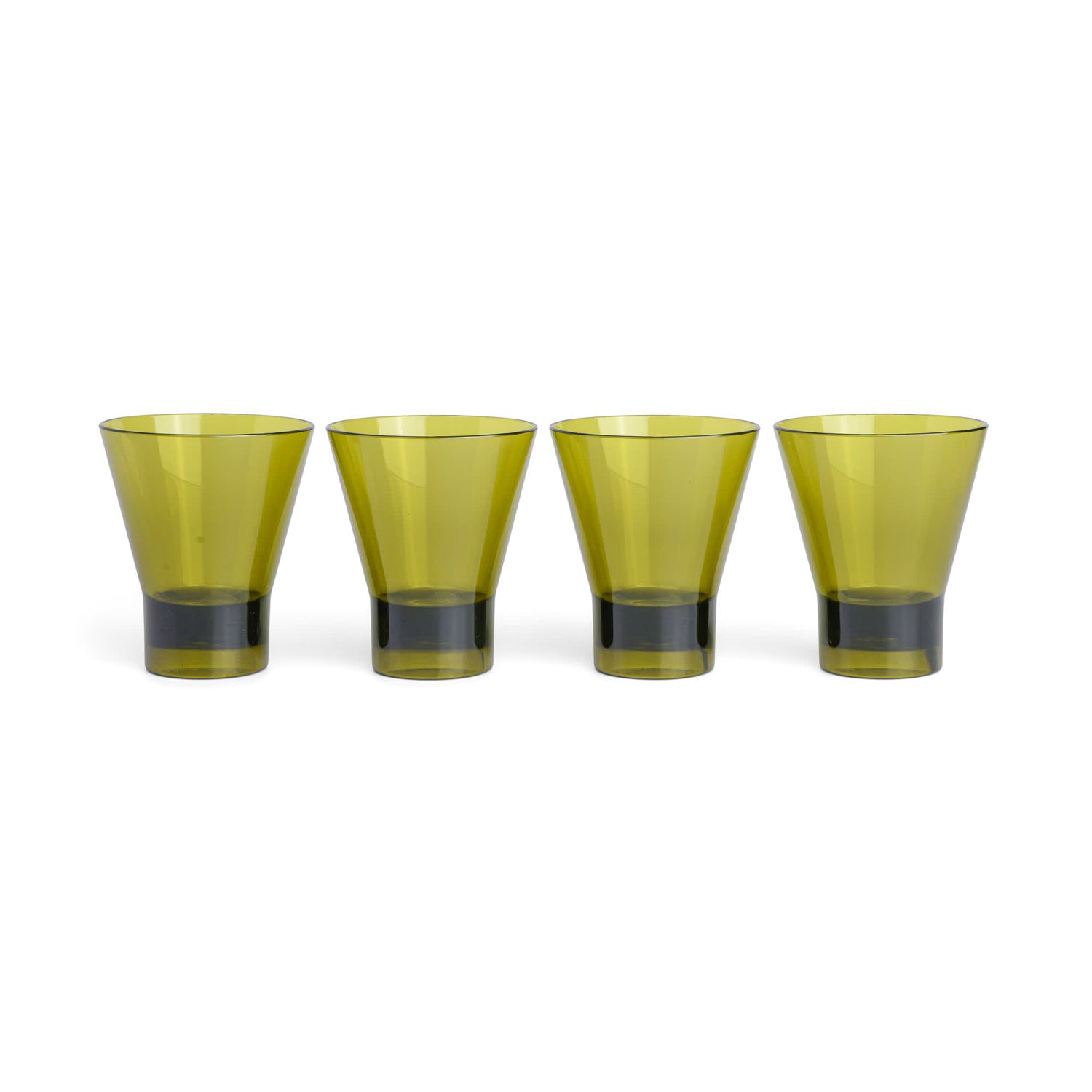 Four green-tinted The Gilda Tumbler glasses are arranged in a row on a white background, ideal for serving cocktails or enjoying drinks after a day at the beach.