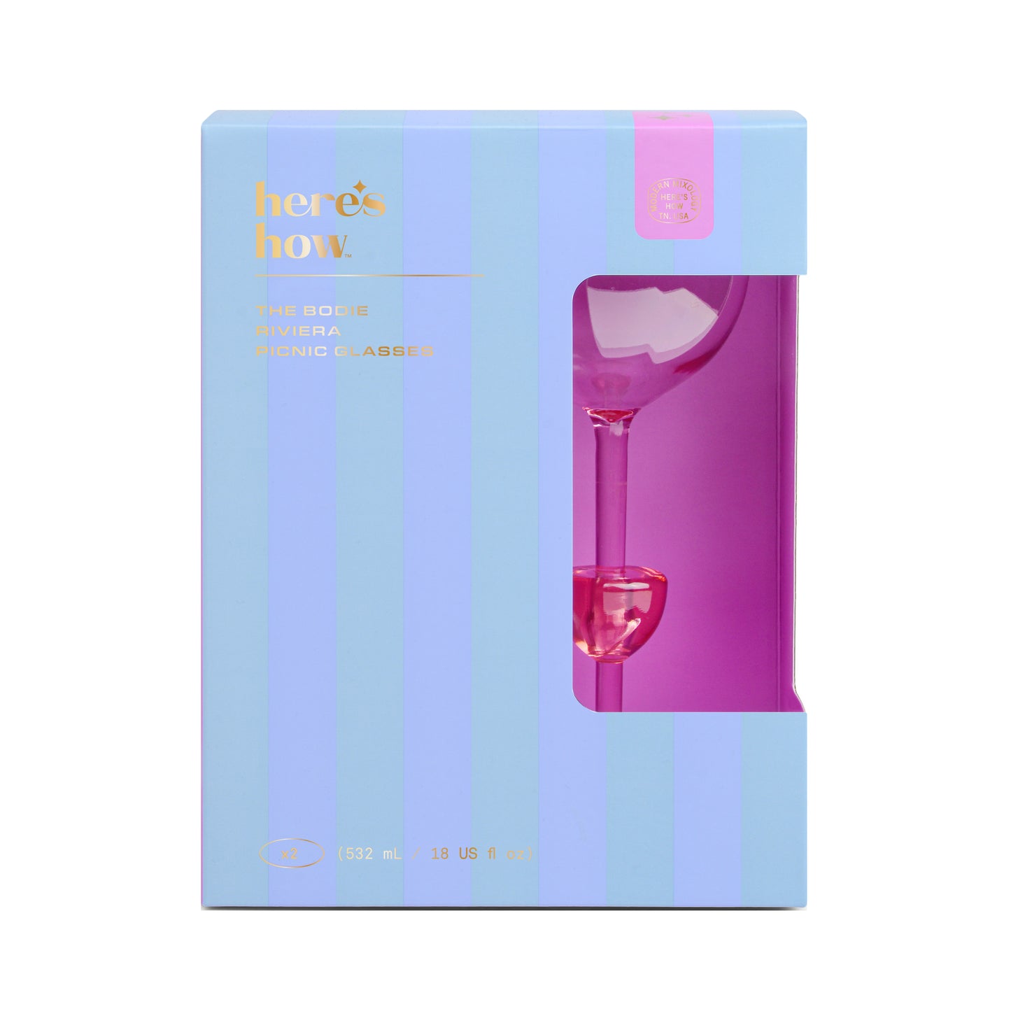 A pink wine glass, ideal for picnics and outdoor fun, peeks from a blue and purple striped box labeled heres how. THE BODIE RIVIERA GLASS.