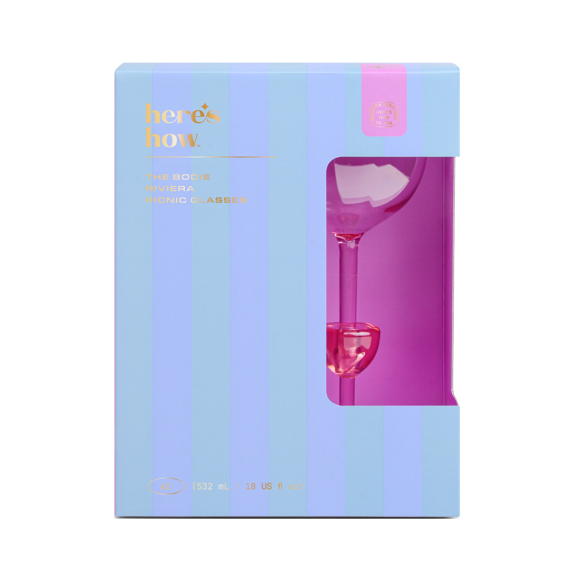 A pink wine glass, ideal for picnics and outdoor fun, peeks from a blue and purple striped box labeled heres how. THE BODIE RIVIERA GLASS.