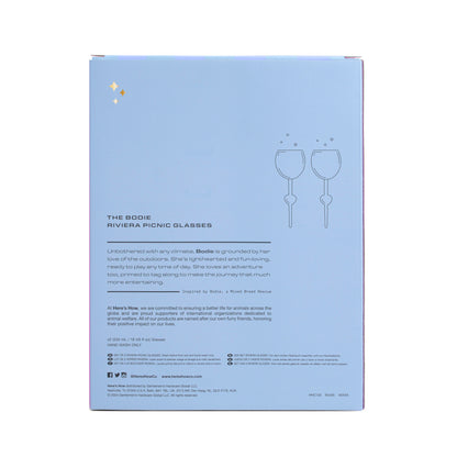 Back of a product box labeled The Bodie Riviera Glass, featuring a brief description for outdoor enjoyment, brand information, and social media details on a light blue background.
