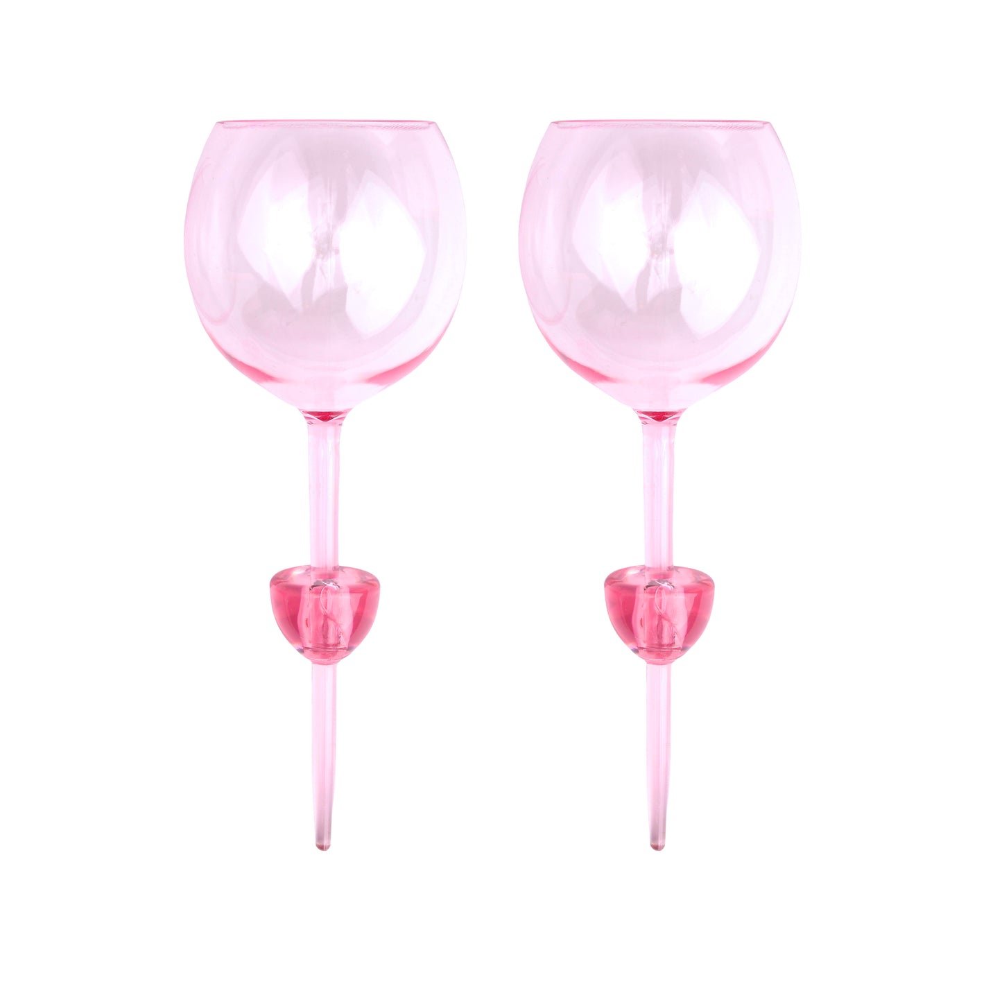 Two Bodie Riviera Glasses with heart-shaped stems, pink in color, are placed side by side against a white background—ideal for backyard barbecues or picnics.