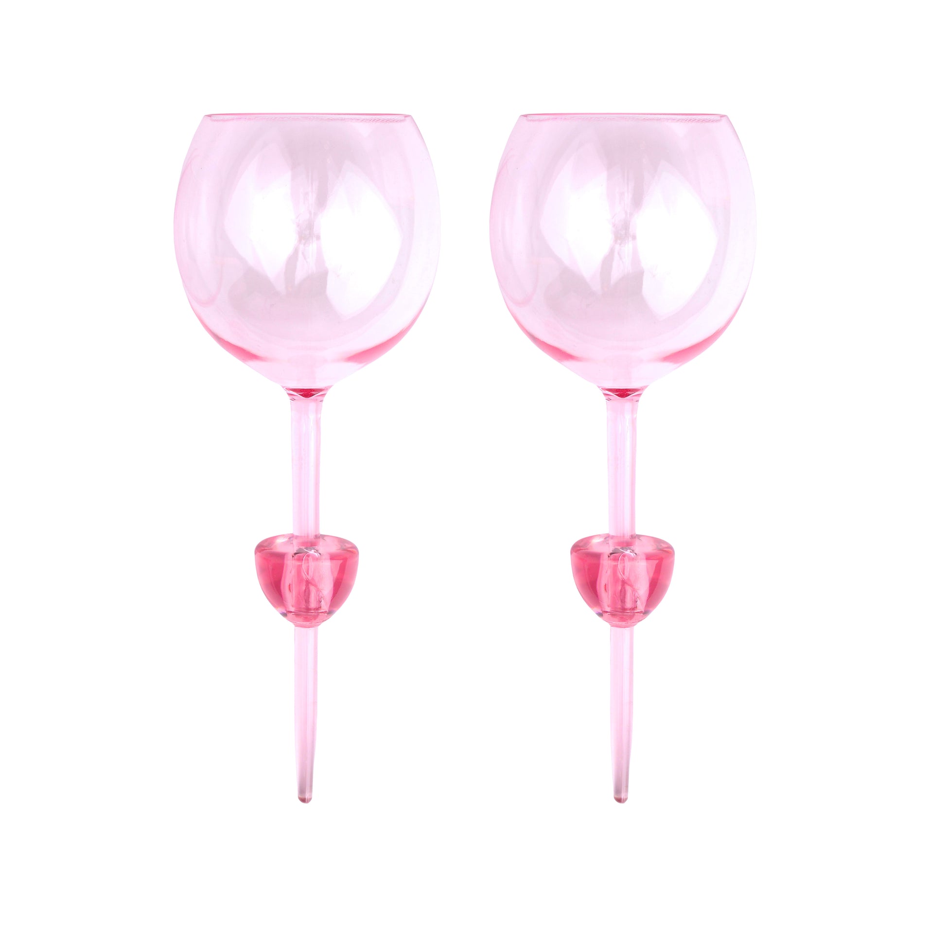 Two Bodie Riviera Glasses with heart-shaped stems, pink in color, are placed side by side against a white background—ideal for backyard barbecues or picnics.