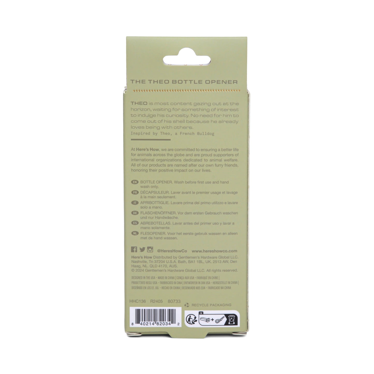 Back view of packaging for The Theo Shell Bottle Opener, ideal for beach lovers and cocktail fans, with descriptive text, usage instructions, and recycling info on a light green background.