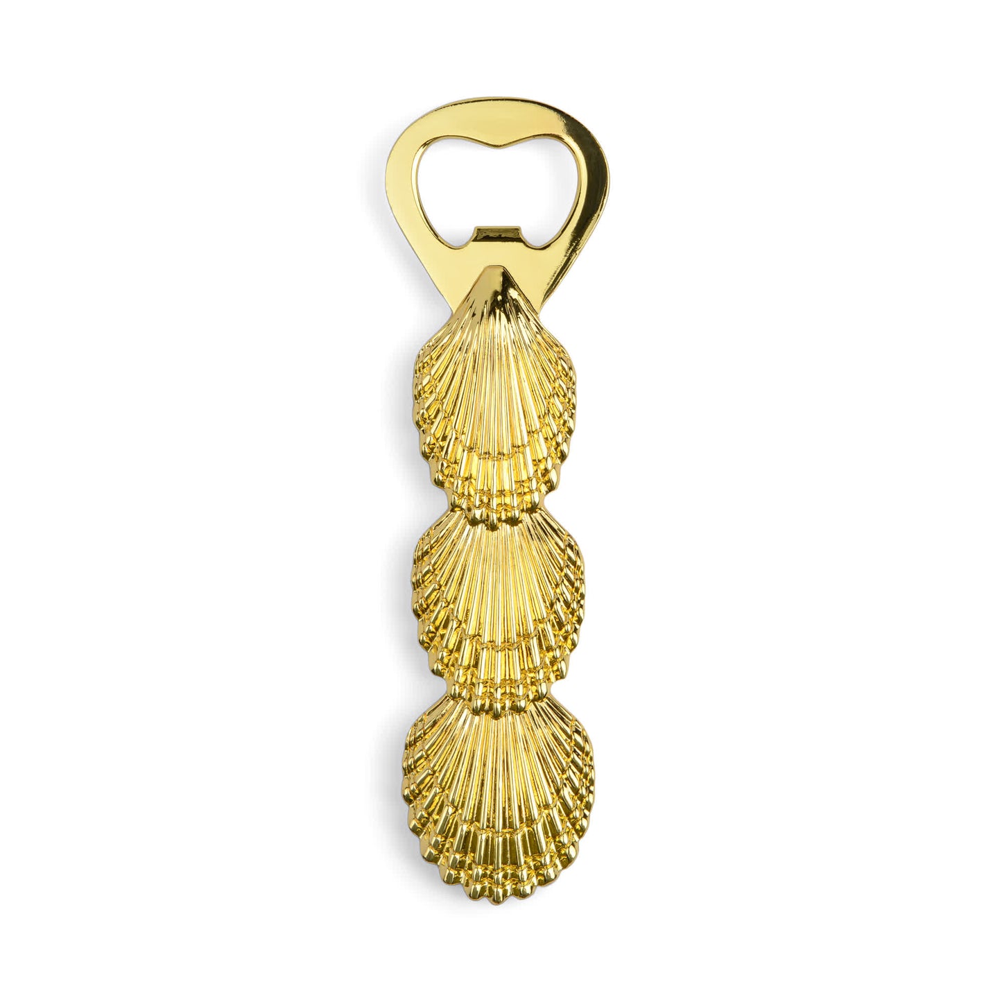 The Theo Shell Bottle Opener features a gold-colored finish and a handle shaped like three stacked seashells—a stylish must-have for beach lovers and cocktail enthusiasts.