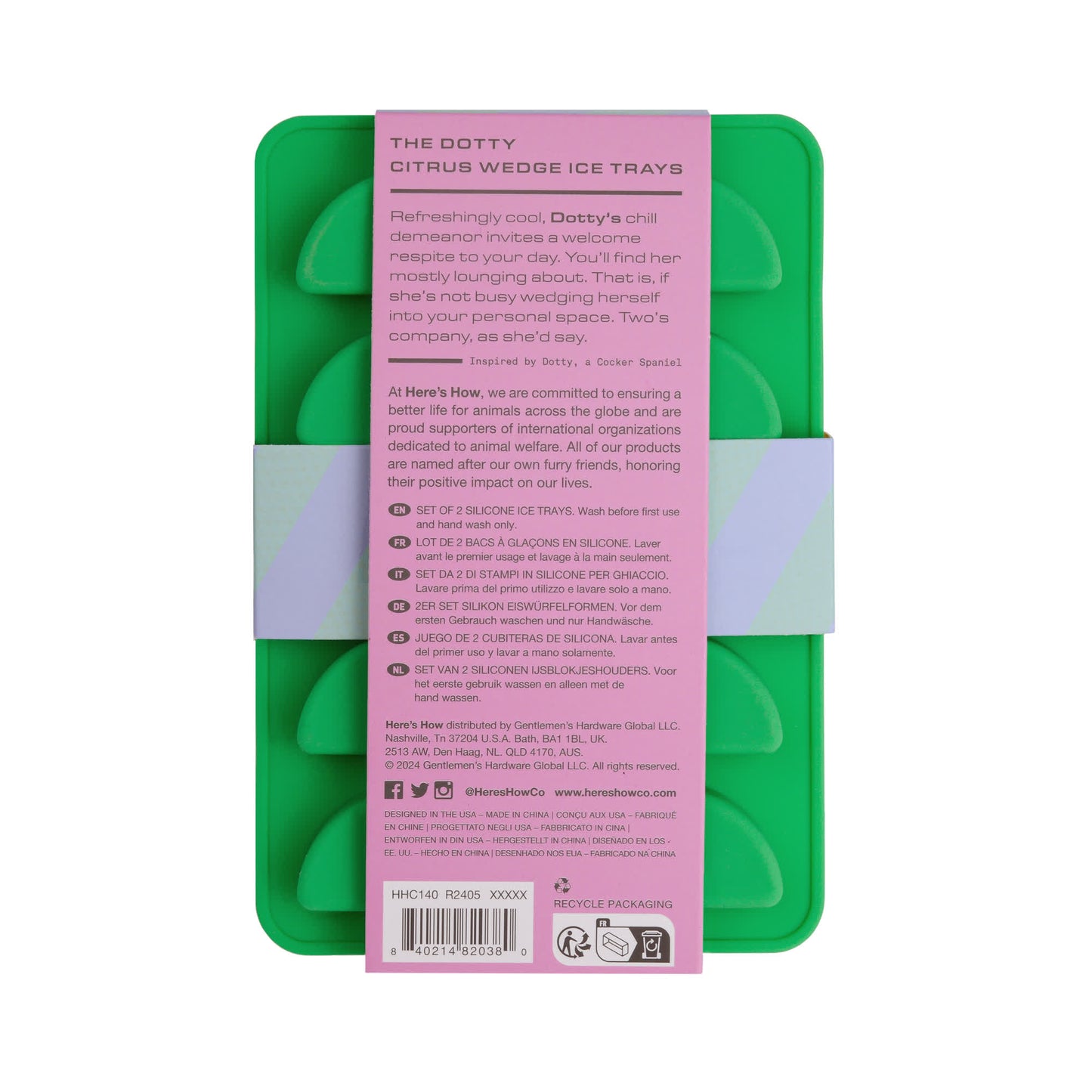 The Dotty Citrus Wedge Ice Trays are shown from the back with a purple label displaying product info, care instructions, and a barcode—ideal for making fun ice cubes or wedges.