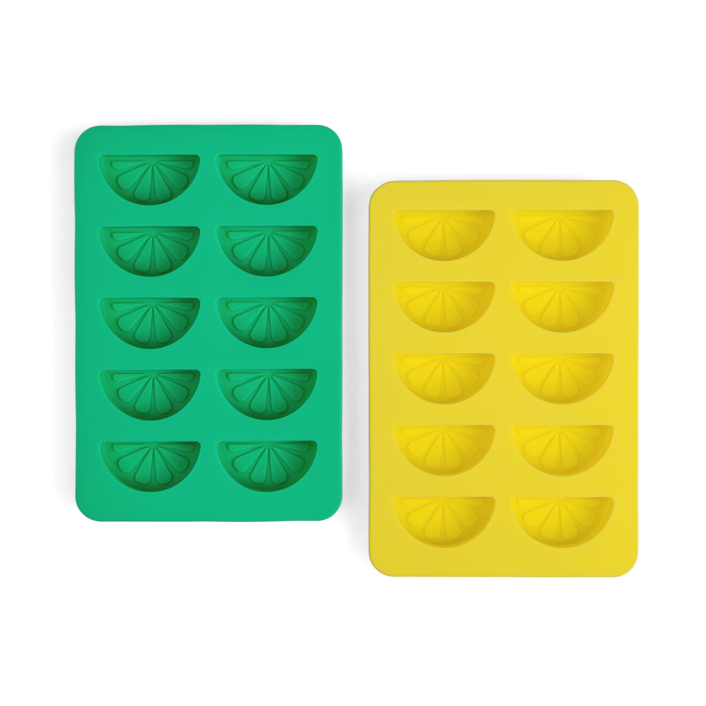 The Dotty Citrus Wedge Ice Trays come in green and yellow, each with 12 citrus-shaped molds—perfect for creating fun ice cubes for any drink.