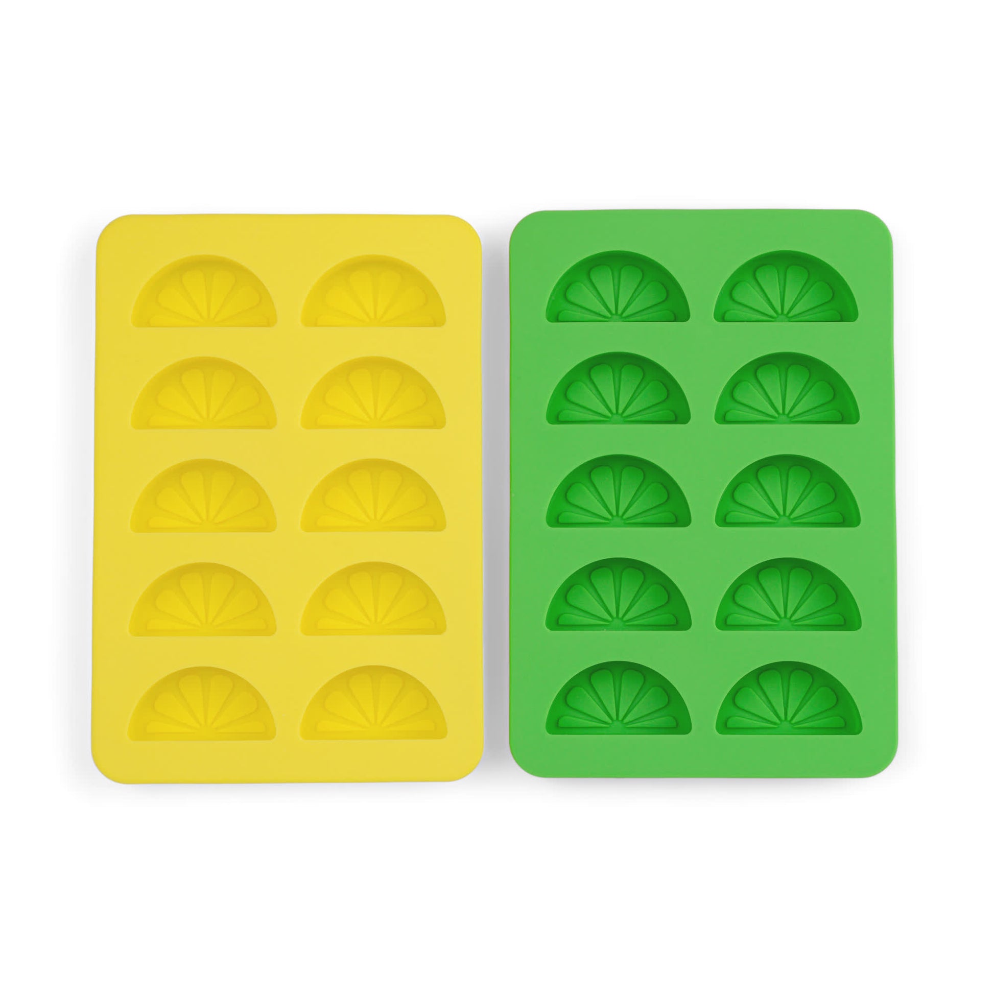 The Dotty Citrus Wedge Ice Trays, one yellow and one green, each with 12 citrus wedge molds, are shown side by side on a white background—ideal for making playful ice cubes.