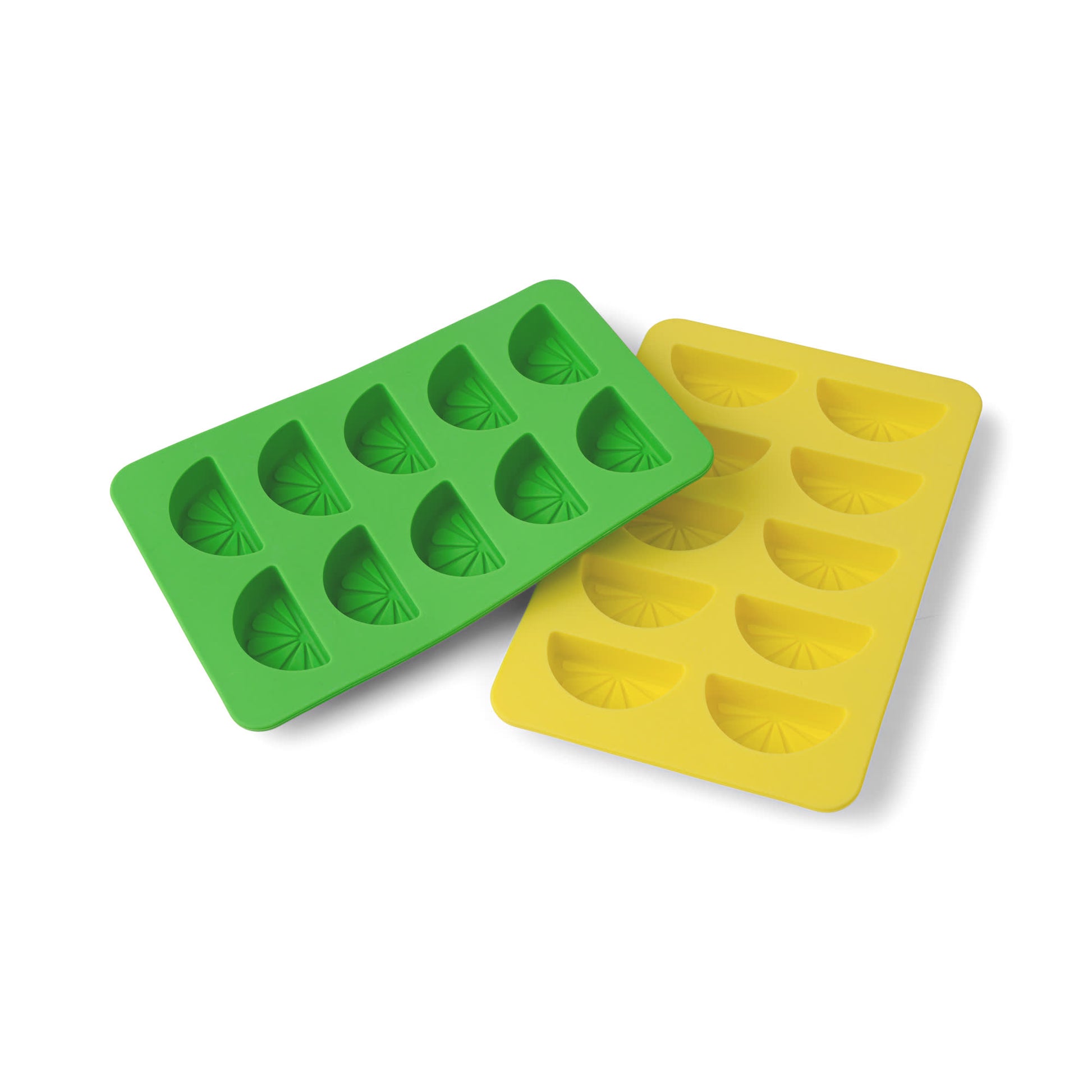 The Dotty Citrus Wedge Ice Trays set includes one green and one yellow silicone tray, each with six citrus wedge molds for making fun ice cubes, displayed on a white background.