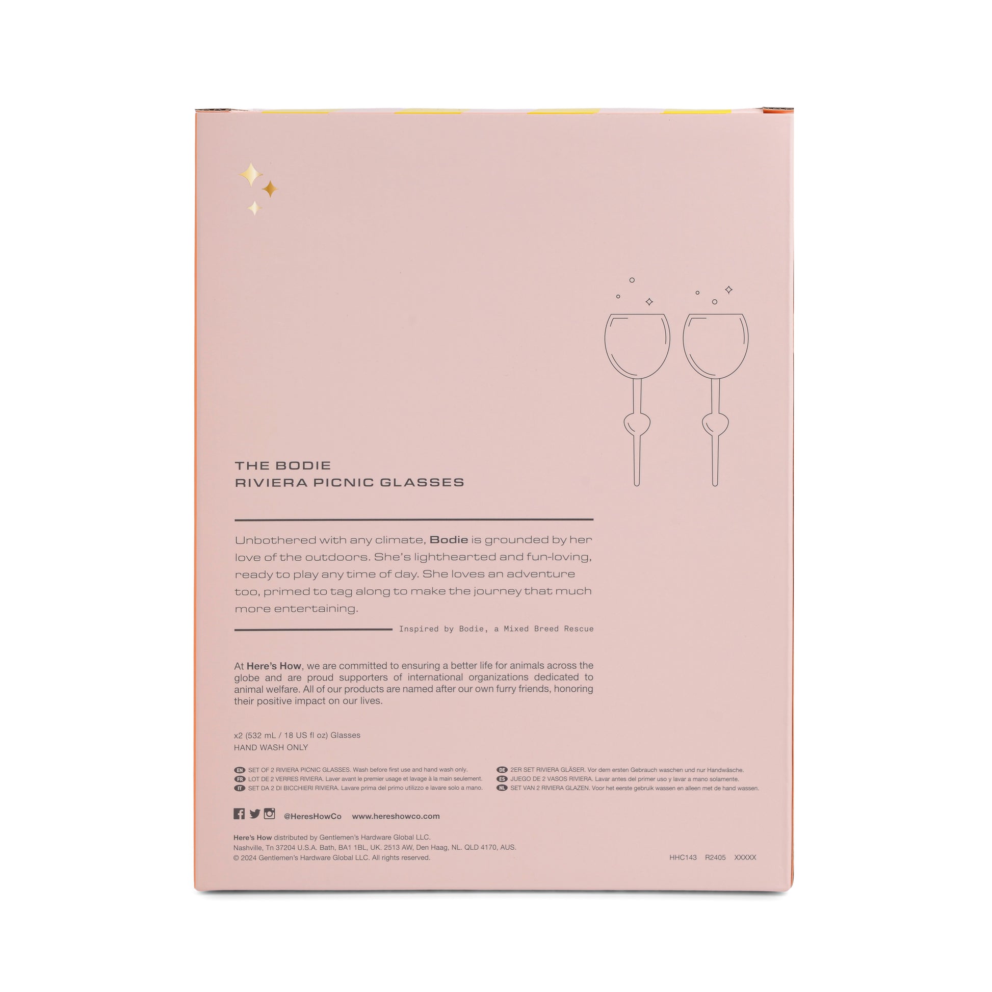 Back of a box for The Bodie Riviera Glass, with a product and company description alongside simple line drawings of two glasses—perfect for picnics and outdoor enjoyment.