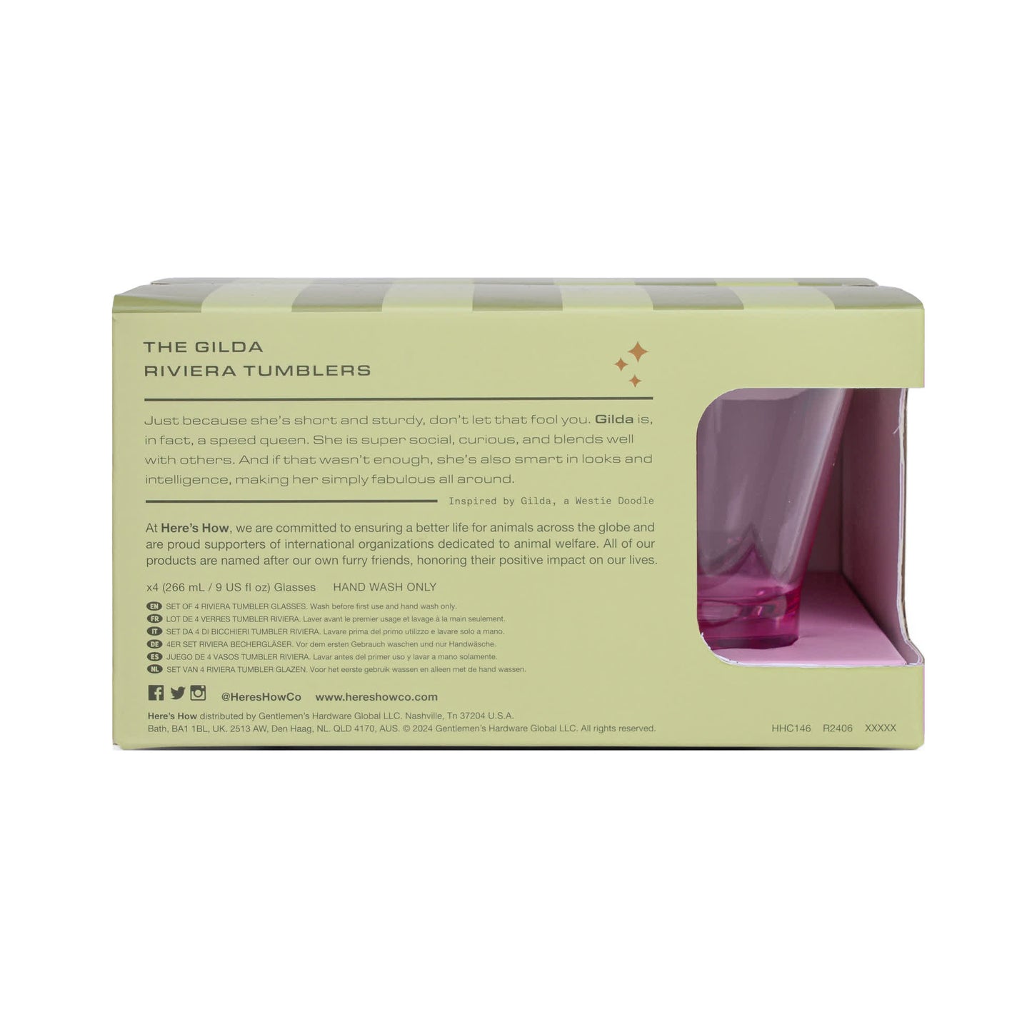 Back of The Gilda Tumbler box with product description and care instructions. A pink tumbler, ideal for beach cocktails or pairing with your favorite Gilda glasses, is partially visible through a window in the lower right corner.