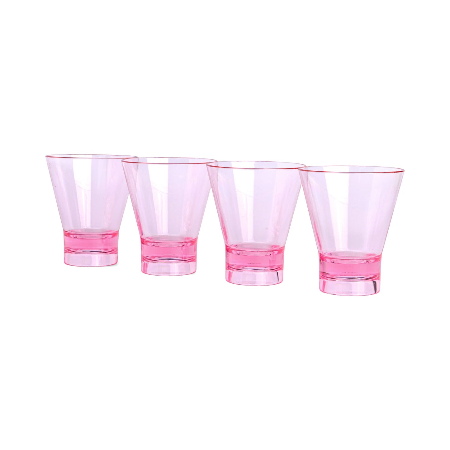 Four transparent pink Gilda Tumblers are aligned in a row on a white background, perfect for serving beach-inspired cocktails.
