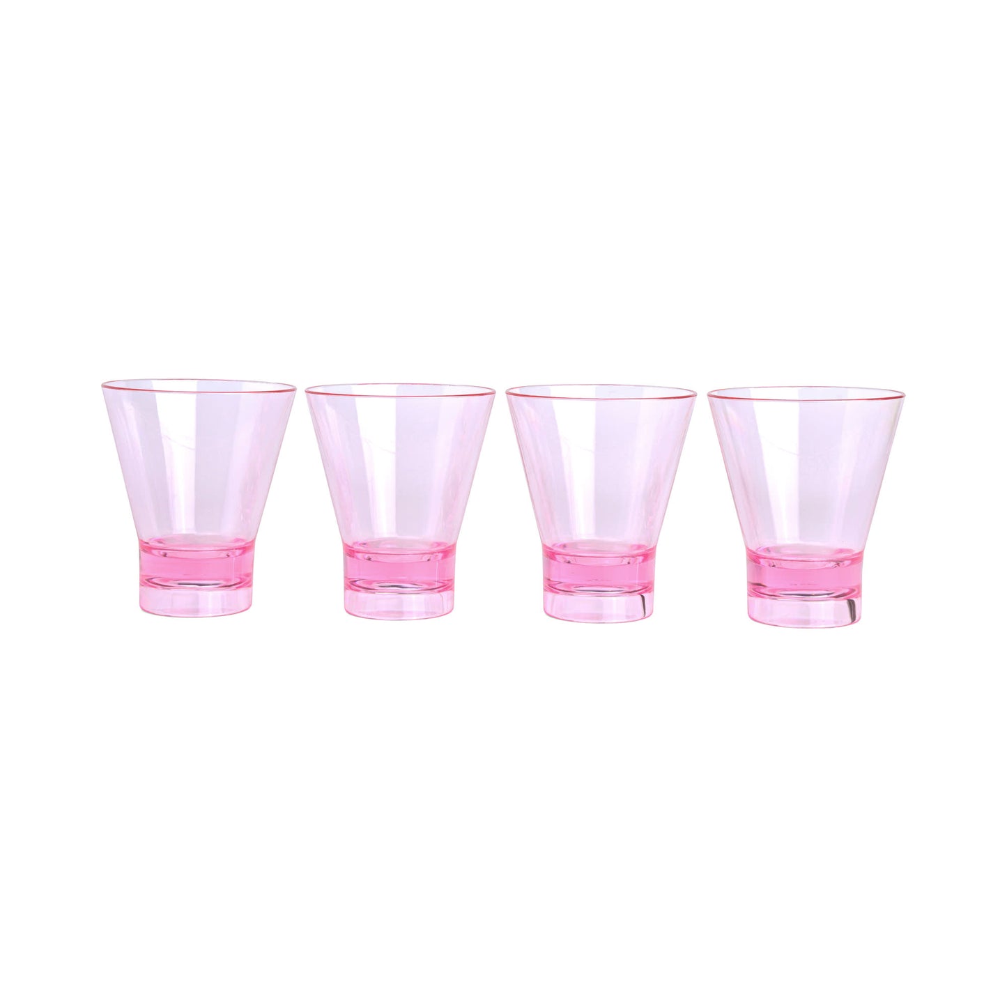 Four empty, transparent pink Gilda Tumblers are arranged in a row on a white background—ideal for serving vibrant, sun-inspired cocktails.