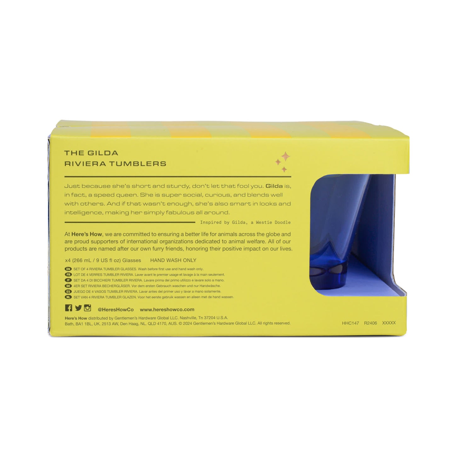 A product box for The Gilda Tumbler showcases descriptive text and company info on a yellow background. A blue tumbler peeks out—perfect for cocktails and sunshine with your favorite Gilda Tumbler.