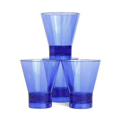 Three blue transparent The Gilda Tumbler glasses are stacked—one on top of two set side by side—ideal for stylish cocktails or sunny, fun gatherings.