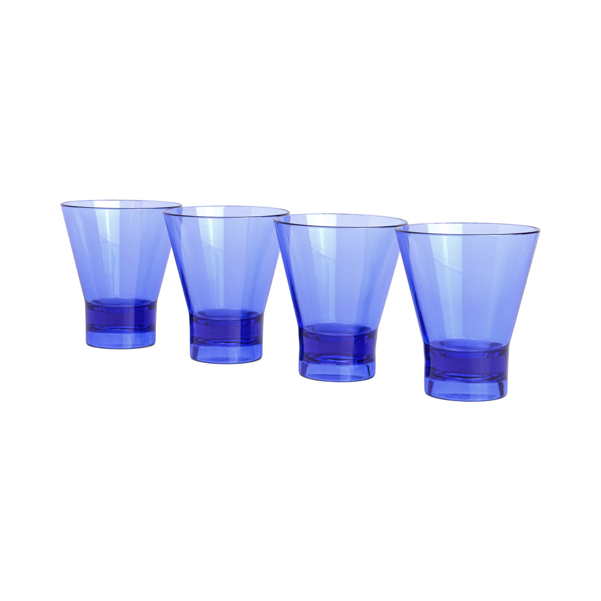 Four blue transparent Gilda Tumblers are lined up on a white background, ideal for serving cocktails and adding a playful summer vibe to any gathering.