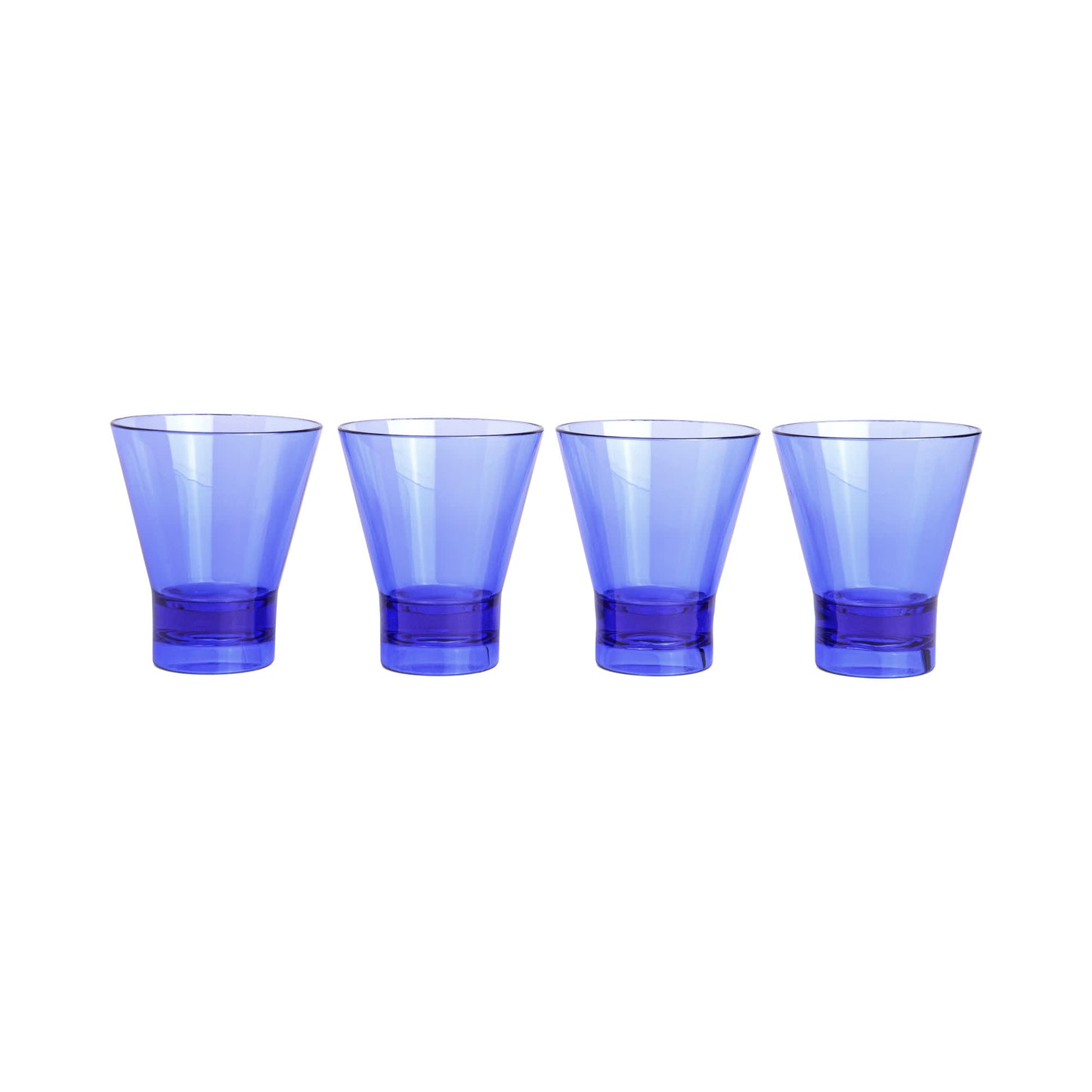 Four blue transparent The Gilda Tumbler glasses are arranged in a row on a white background, perfect for catching sunlight or serving refreshing cocktails.