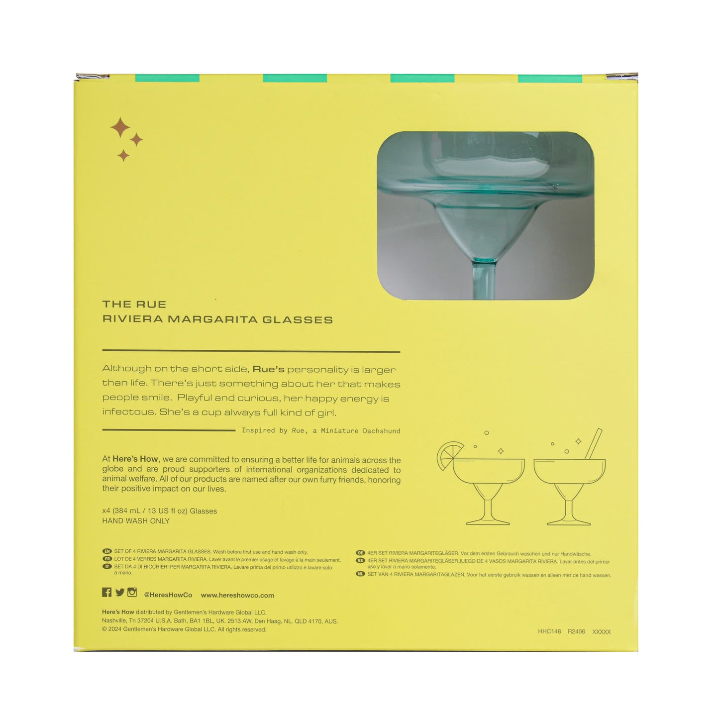 Back of the box for The Rue Margarita Glass features a description, a partial glass image, and illustrations of two margarita glasses—ideal for festive nights and sunny days.