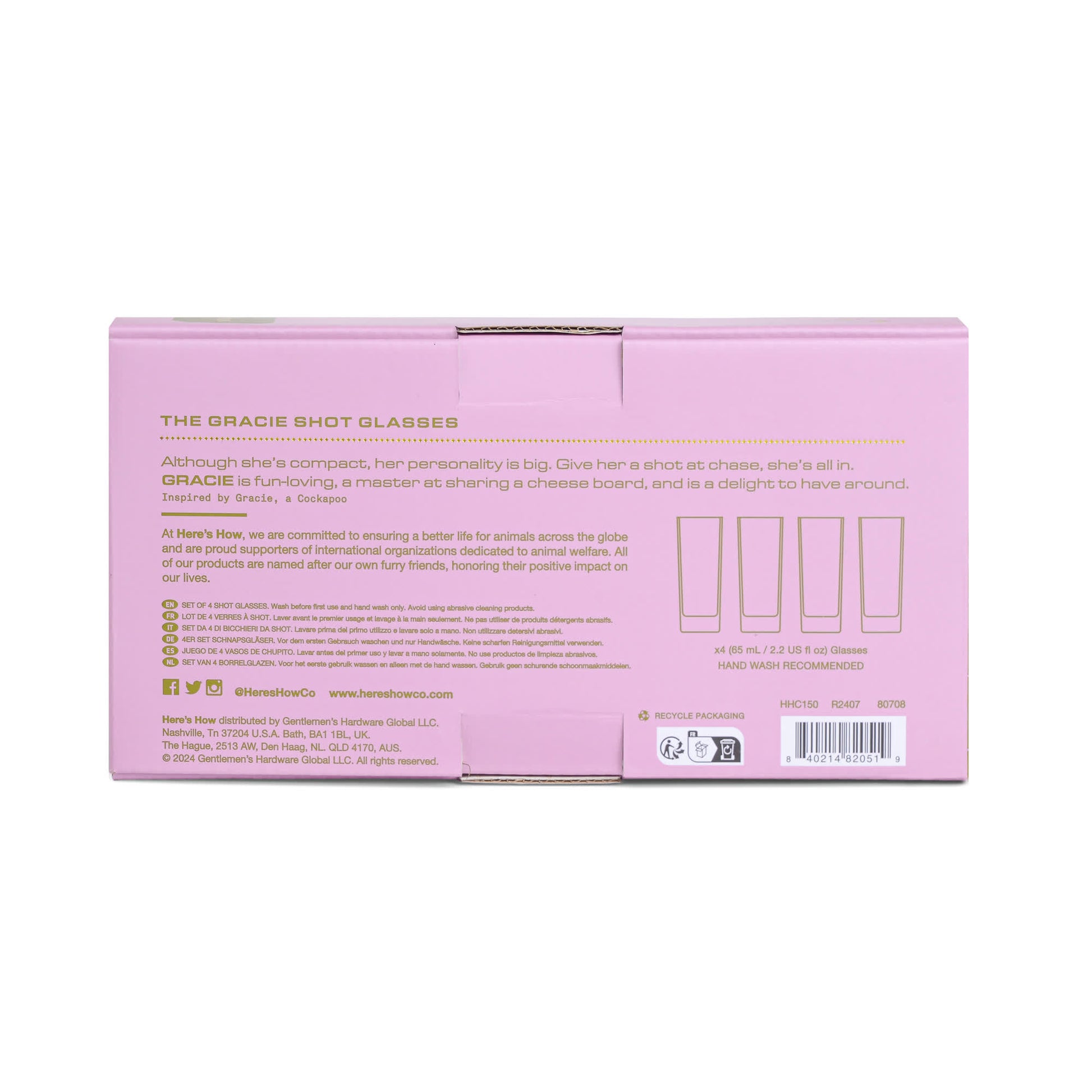 Back of a pink box showing product info and illustrations for The Gracie Set Of 4 Shot Glasses—ideal for parties and celebrations—with care instructions and company details included.