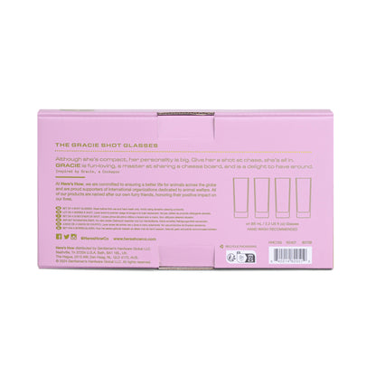 Back of a pink box showing product info and illustrations for The Gracie Set Of 4 Shot Glasses—ideal for parties and celebrations—with care instructions and company details included.