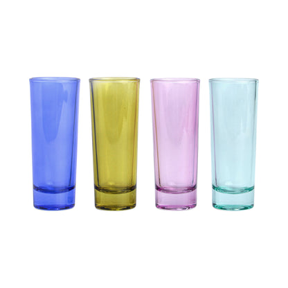 Liven up your party with The Gracie Set of 4 Shot Glasses—tall, cylindrical glasses in blue, yellow, pink, and light green—perfect for any celebration.
