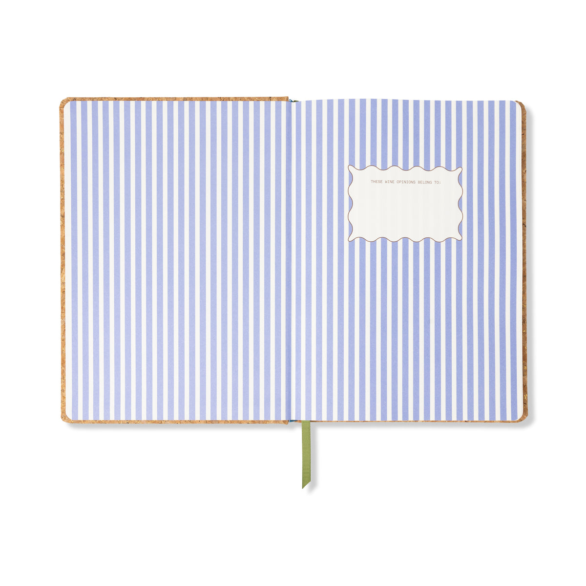 An open Wine Journal - Cork Wine Bottle, featuring a cork-covered design with blue and white vertical stripes, a green ribbon bookmark, and a white label with an ornate border on the right page—perfect for recording your wine tasting notes.