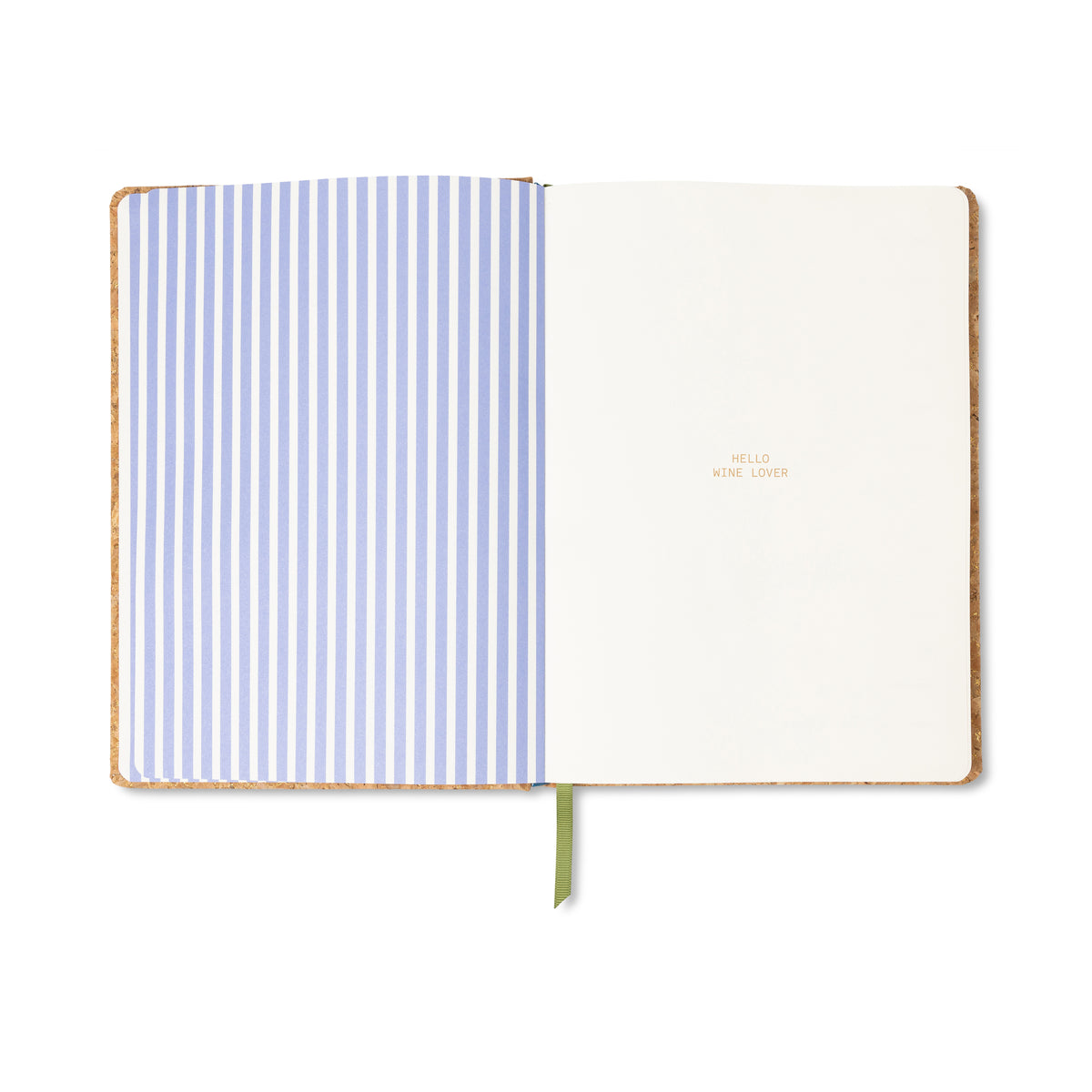 Open notebook showing left page with blue and white vertical stripes, and right blank page with small text reading HELLO WINE LOVER. Green ribbon bookmark is visible— the ideal Cork Wine Bottle Wine Journal for recording your tasting notes.