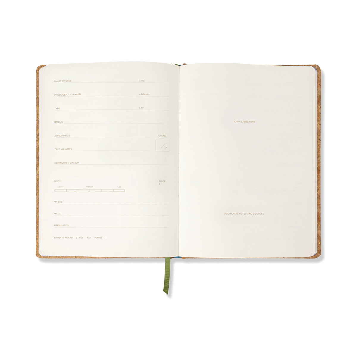 The Wine Journal - Cork Wine Bottle features an open spread with a cork-covered design, pre-printed fields on the left page for personal information, and a mostly blank right page ideal for tasting notes or additional observations. A green ribbon bookmark runs down the center.