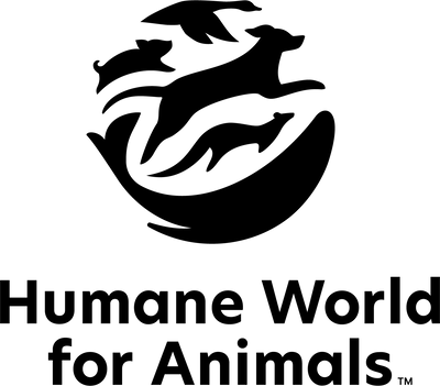 Stylized logo with silhouettes of a bird, cat, dog, and fish above the text Humane World for Animals in bold font.