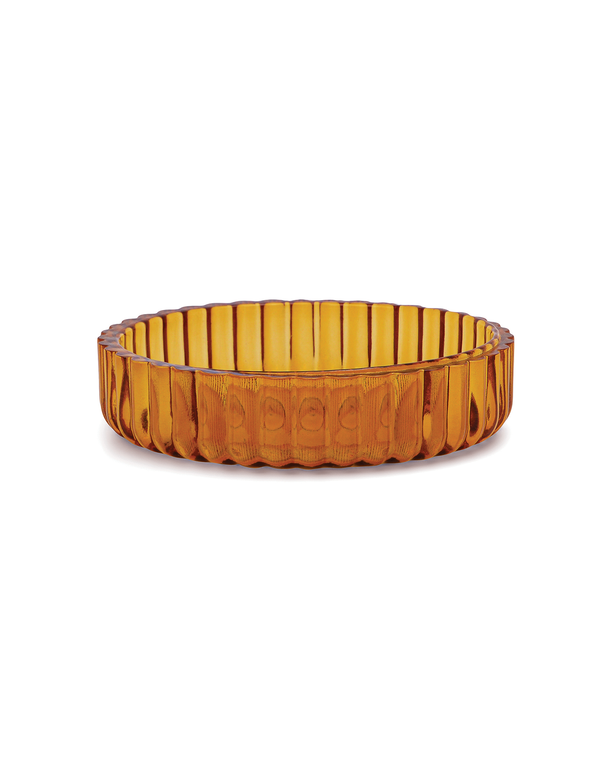 The Mookie + Lenny amber soda lime glass dish features a round, fluted design with vertical ridges, adding a touch of colored glass elegance to your home bar essentials. Displayed on a white background.