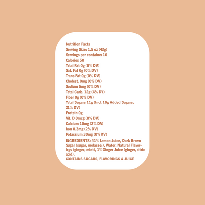 The Ginger Mule nutrition and ingredients label on a peach background lists serving size, calories, nutrients, lemon juice, dark brown sugar, and ginger juice—ideal flavors for mixing up a Moscow Mule or Ginger Mule cocktail.