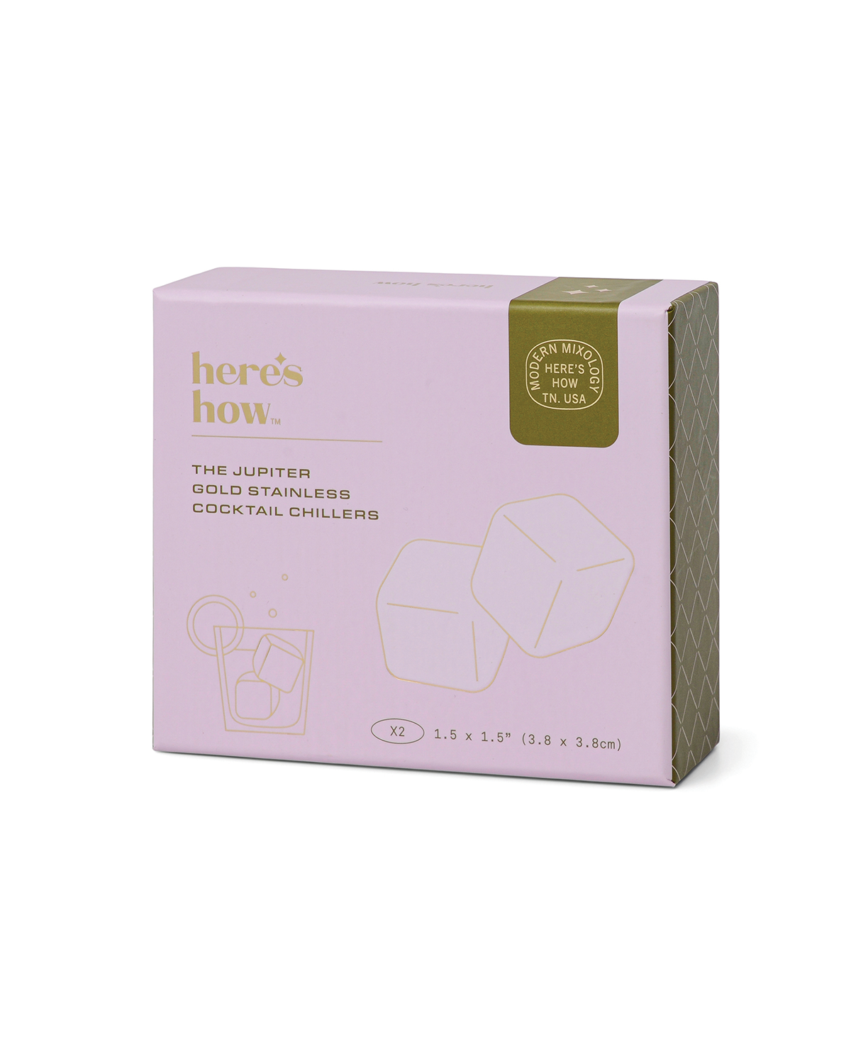 The Jupiter is a pink and olive box labeled heres how, containing two stainless-steel cocktail chillers—freezable cubes to keep drinks cold—with outline drawings of chillers and a drink glass on the front.