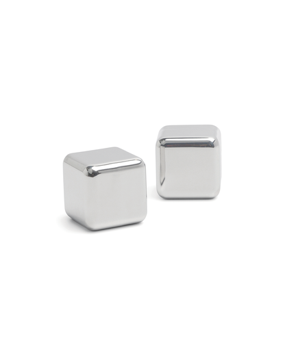 The Jupiter: Two stainless-steel cocktail chillers with smooth, rounded edges keep drinks cold without dilution on a white background.