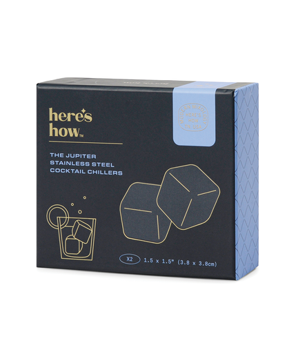 Box of The Jupiter, Stainless Steel Cocktail Chillers—freezable cubes that keep drinks cold without dilution, shown with illustrations and in a drink with the chillers inside.