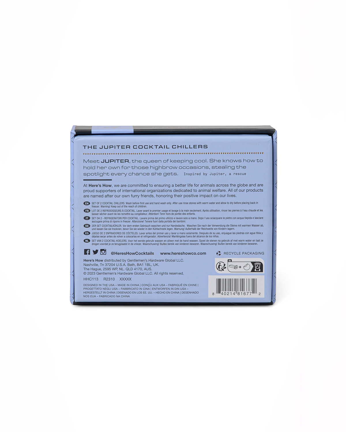 The back of The Jupiter box showcases stainless-steel, freezable chillers that keep drinks cold without dilution, along with product details, company info, social media handles, and recycling symbols on a white background.