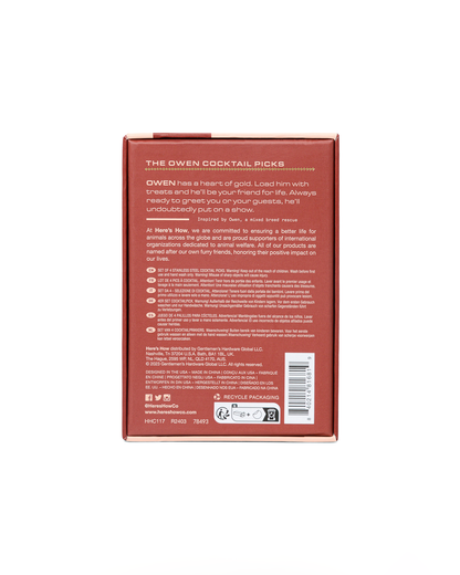Back of The Owens red box with white text featuring its description, instructions, icons, company details, and recycling info for gold plated stainless steel cocktail picks.